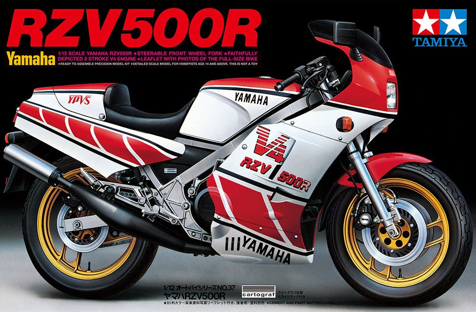 Portada de la caja de la maqueta de la moto Yamaha RZV500R en escala 1:12 de Tamiya referencia 14037