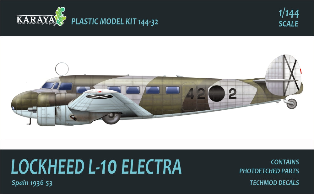 portada de la caja de la maqueta del avión de transporte Lockheed L-10 Electra en servicio español en escala 1:144 de Karaya referencia 144-32