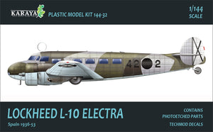 portada de la caja de la maqueta del avión de transporte Lockheed L-10 Electra en servicio español en escala 1:144 de Karaya referencia 144-32