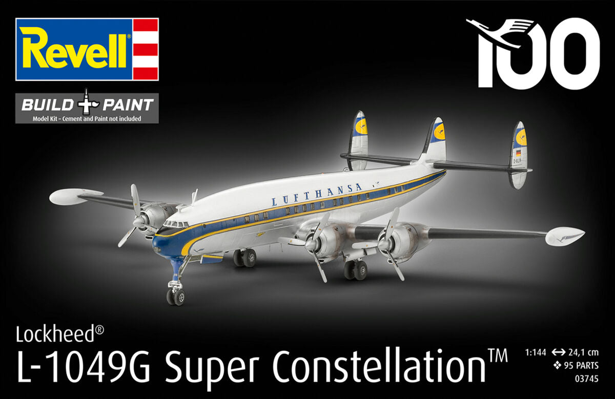 Foto de la portada de la caja de la maqueta del avión de pasajeros Super Constellation de la Luthansa en escala 1:144 de Revell referencia 03745