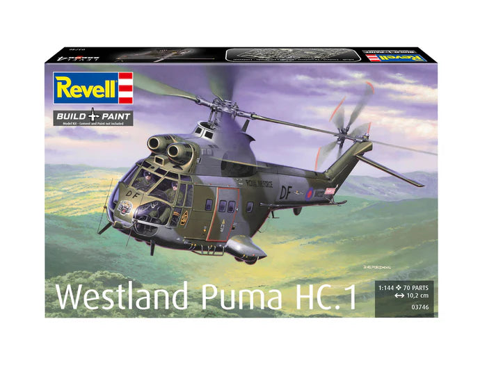 Foto de la portada de la caja de la maqueta del helicóptero Westland Puma HC.1 en escala 1:144 de Revell referencia 03746
