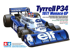 Portada de la caja de la maqueta del Fórmula 1 Tyrrel P34 que corrió el gran premio de Mónaco en 1977 en escala 1:20 de Tamiya referencia 20053