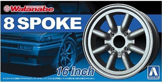 Set de llantas de 16 pulgadas para coches escala 1:24 modelo RS Watanabe 8 Spoke de Aoshima referencia 05462
