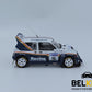 Foto lateral derecha de la maqueta del coche de rally MG Metro 6R4 que corrió en el Rally de Lombard en 1986 por Jimmy McRae en escala 1:24 de Belkits referencia Bel 016