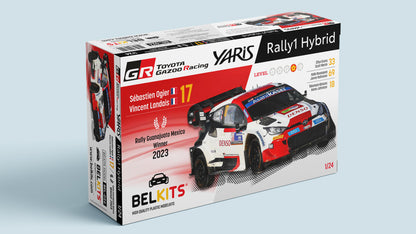 Portada de la caja de la maqueta del coche de rallys Toyota Yaris que ganó el Rally de Guanajauto de 2023 en escala 1:24 de Belkits referencia 026