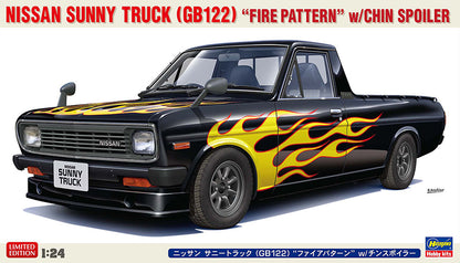 Portada de la caja de la maqueta del pickup Nissan Sunny con decoración en llamas en escala 1:24 de Hasegawa referencia 20751