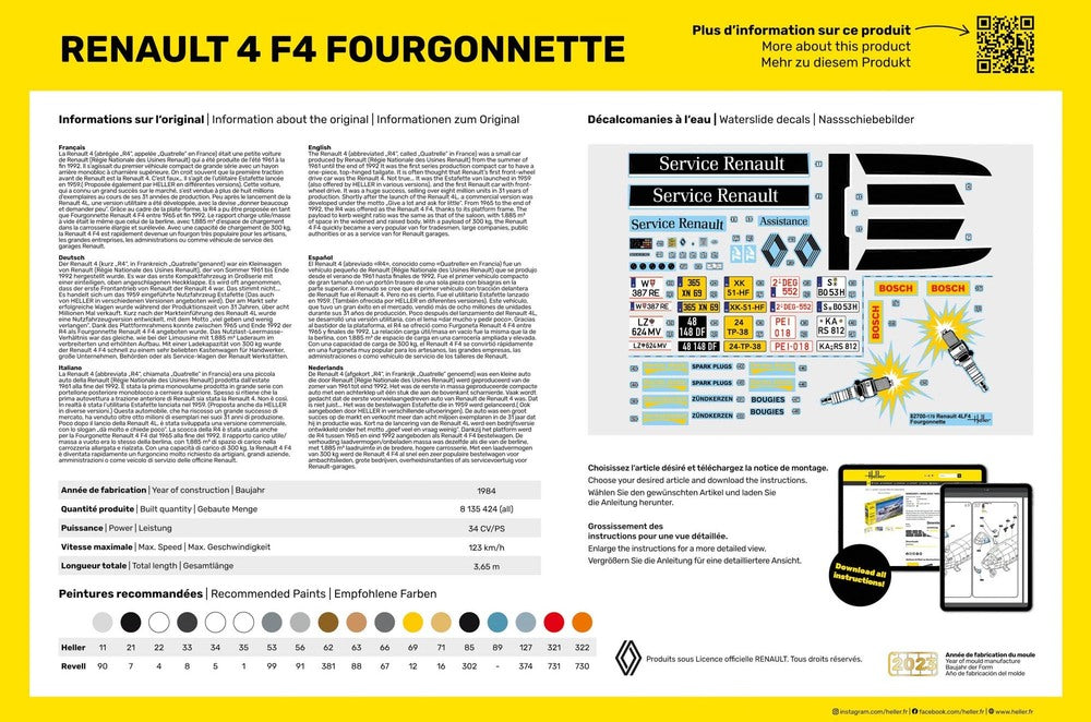 Contraportada de la caja de la maqueta de la furgoneta Renault 4 F4 en escala 1:24 de Heller referencia 82700