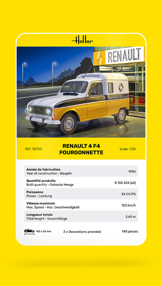 Especificaciones de la maqueta de la furgoneta Renault 4 F4 en escala 1:24 de Heller referencia 82700