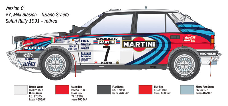 Decoración 3 de la maqueta del coche de rally Lancia Delta HF Integrale 16v que corrió el rally Safaria de 1991 en escala 1:12 de Italeri referencia 4720 