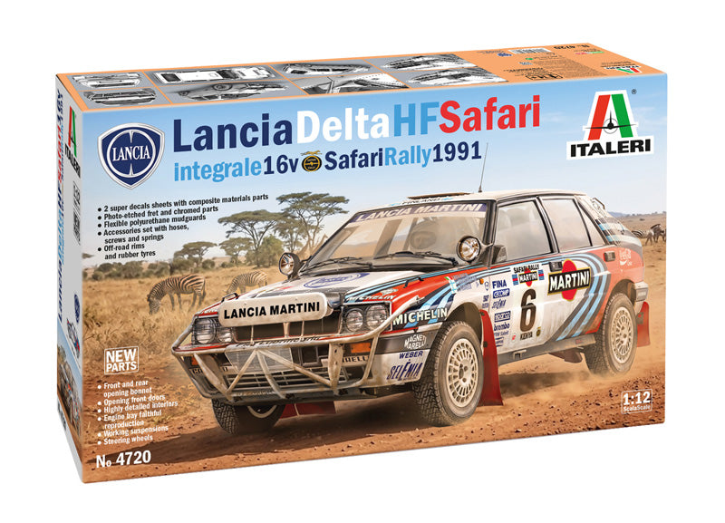 Portada de la caja de la maqueta del coche de rally Lancia Delta HF Integrale 16v que corrió el rally Safaria de 1991 en escala 1:12 de Italeri referencia 4720 