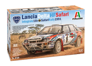 Portada de la caja de la maqueta del coche de rally Lancia Delta HF Integrale 16v que corrió el rally Safaria de 1991 en escala 1:12 de Italeri referencia 4720 