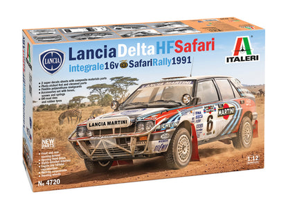Portada de la caja de la maqueta del coche de rally Lancia Delta HF Integrale 16v que corrió el rally Safaria de 1991 en escala 1:12 de Italeri referencia 4720 