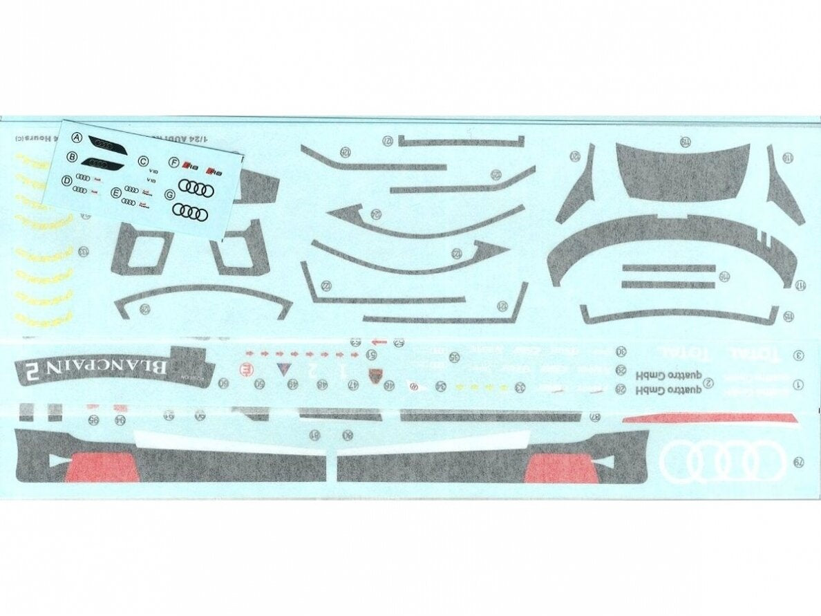 Calcas de la maqueta del coche de competición Audi R8 LMS GT3 que compitió en Spa en 2015 en escala 1:24 de Nunu referencia 24004