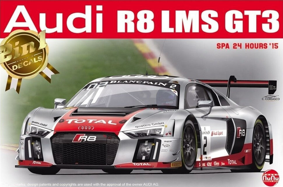 Portada de la caja de la maqueta del coche de competición Audi R8 LMS GT3 que compitió en Spa en 2015 en escala 1:24 de Nunu referencia 24004