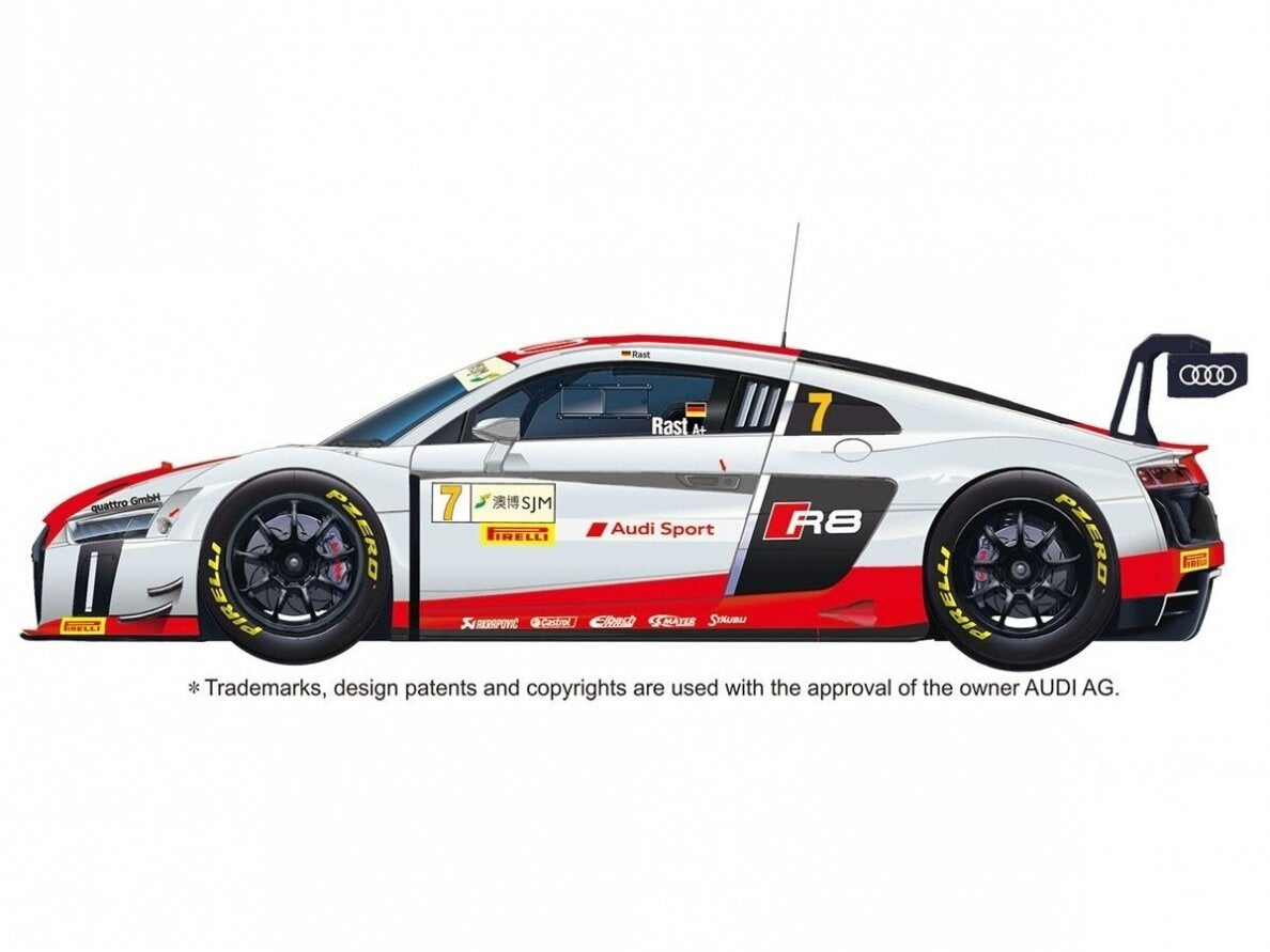 Decoración 2  de la maqueta del coche de competición Audi R8 LMS que compitió en el mundial GT3 de Macao en 2015 en escala 1:24 de Nunu referencia 24024