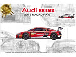 Portada de la caja de la maqueta del coche de competición Audi R8 LMS que compitió en el mundial GT3 de Macao en 2015 en escala 1:24 de Nunu referencia 24024