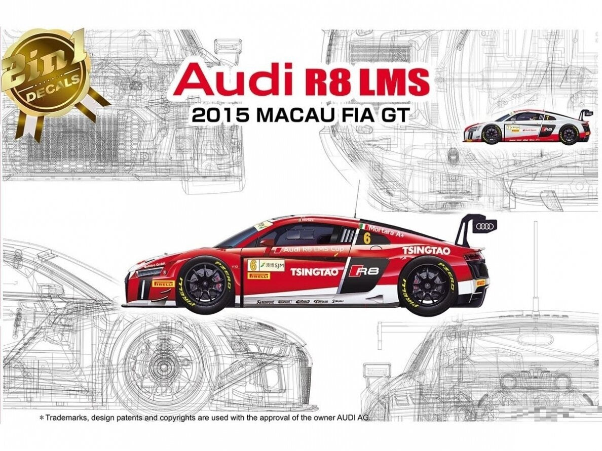 Portada de la caja de la maqueta del coche de competición Audi R8 LMS que compitió en el mundial GT3 de Macao en 2015 en escala 1:24 de Nunu referencia 24024