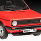 Frontal de la maqueta del coche Volkswagen Golf 1 GTI en escala 1:24 edición 50 aniversario con pegamento pincel y pinturas de Revell referencia 05623