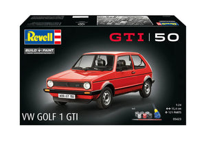 Portada de la maqueta del coche Volkswagen Golf 1 GTI en escala 1:24 edición 50 aniversario con pegamento pincel y pinturas de Revell referencia 05623