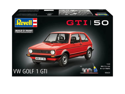 Portada de la maqueta del coche Volkswagen Golf 1 GTI en escala 1:24 edición 50 aniversario con pegamento pincel y pinturas de Revell referencia 05623