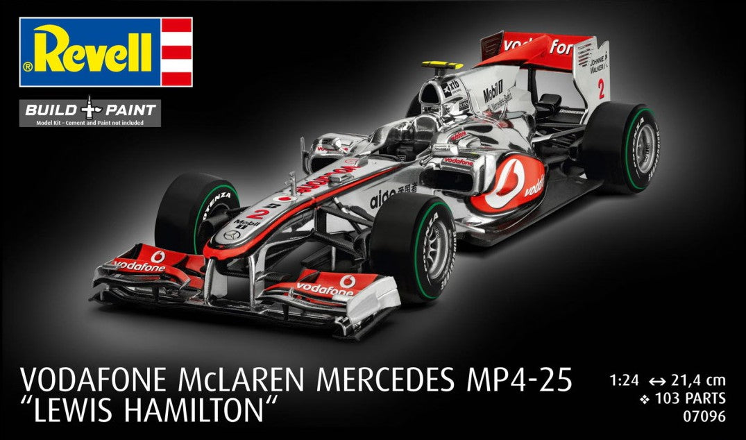 Portada de la caja de la maqueta del fórmula 1 Vodafone McLaren Mercedes MP24 de Lewis Hamilton de 2010 en escala 1:24 de Revell referencia 07096