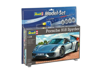 Model set del coche deportivo Porsche 918 Spider en escala 1:24 con pinturas, pincel y pegamento de Revell referencia 67026