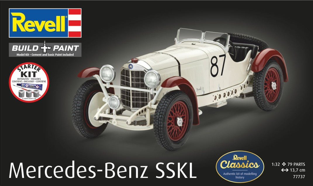Portada de la caja del set de iniciación con el coche Mercdes Benz SSKL en escala 1:24 de Revell refrencia 77737