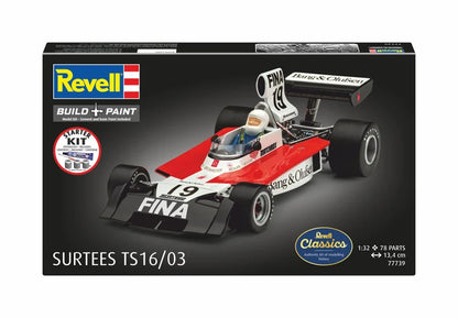 Portada de la caja de la maqueta del coche de Fórmula 1 Surtee TS16/03 en escala 1:32 de Revell referencia 77739