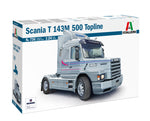 Portada de la caja de la maqueta del camión Scania T143M Topline en escala 1:24 de Italeri referencia 0736