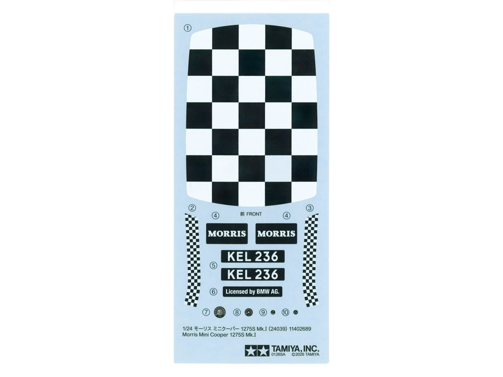 Calcas de la maqueta del coche británico Morris Mini Cooper 1275S Mk.I en escala 1:24 de Tamiya referencia 24039