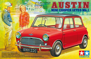 Portada de la caja de la maqueta del coche Austin Mini Cooper 1275S en escala :24 de Tamiya referencia 24235