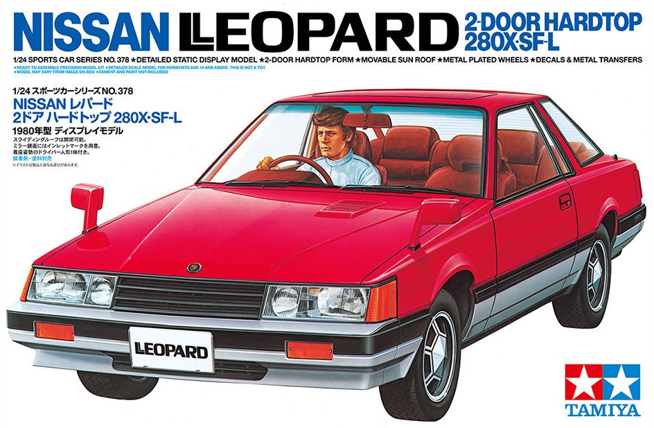 Portada de la caja de la maqueta del coche Nissan Leopard d280X SF L en escala 1:24 de Tamiya referencia 24378