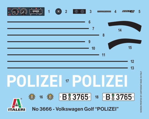 Calcas de la maqueta del coche Volkswagen Gold de la Polizei alemana en escala 1:24 de Italeri referencia 03666