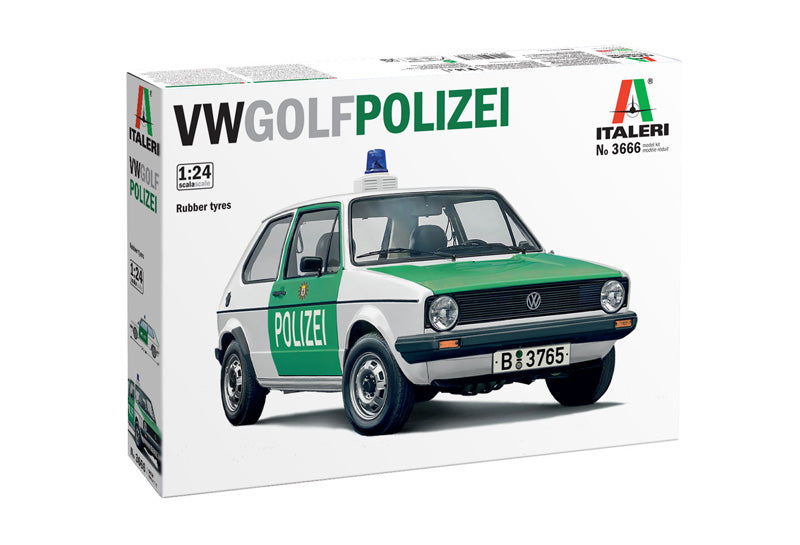 Portada de la caja de la maqueta del coche Volkswagen Gold de la Polizei alemana en escala 1:24 de Italeri referencia 03666