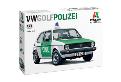 Portada de la caja de la maqueta del coche Volkswagen Gold de la Polizei alemana en escala 1:24 de Italeri referencia 03666