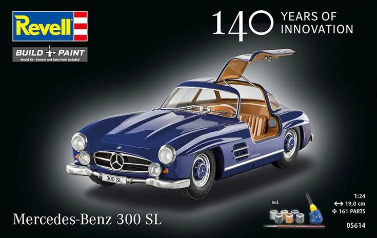 Portada de la caja de la maqueta del Mercedes-Benz 300 SL conmemorando los 140 años de Mercedes en escala 1:24 de Revell referencia 05614