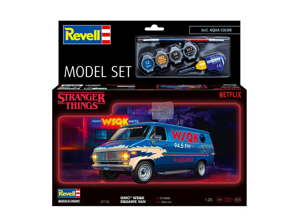 Portada del set de pegamento, pinturas pincel y maqueta de la furgoneta de la emisora de radio de la serie Stranger Things en escala 1:25 de Revell referencia 67732