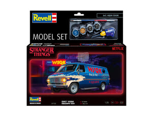 Portada del set de pegamento, pinturas pincel y maqueta de la furgoneta de la emisora de radio de la serie Stranger Things en escala 1:25 de Revell referencia 67732