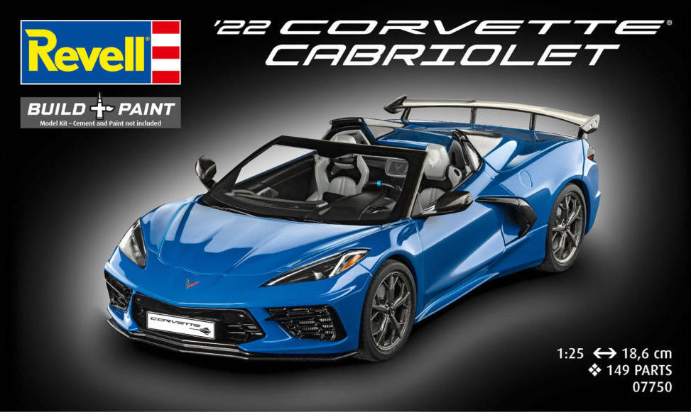 Portada de la caja de la maqueta del deportivo cabrio Corvette C8 en escala 1:25 de Revell referencia 07750