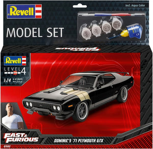 Portada del set de pegamento, pinturas pincel y maqueta del coche deportivo Plymouth GTX de 1971 de Dominic en la gama de películas Fast & Furious en escala 1:25 de Revell referencia 67732