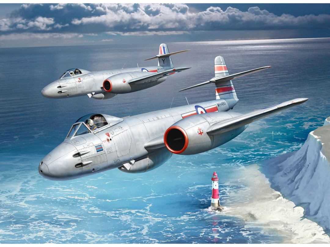 Portada de la caja de la maqueta del caza británico Gloster Meteor F.8 en escala 1:32 de Revell referencia 03750