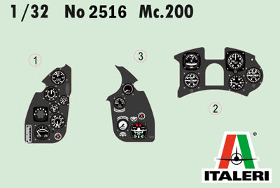 Calcas de los paneles de instrumentos de la maqueta del caza italiano Macchi MC.200 Saetta en escala 1:32 de Italeri referencia 2516