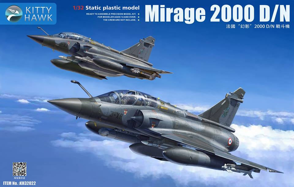 Portada de la caja de la maqueta del avión francés Mirage 2000 en versiones D/N y en escala 1:32 de Kitty Hwak referencia 32022