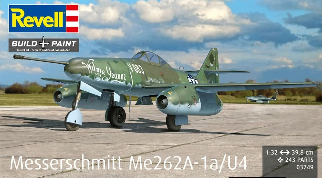 Portada de la caja de la maqueta del caza a reacción alemán Me262 en escala 1:32 de Revell referencia 03749