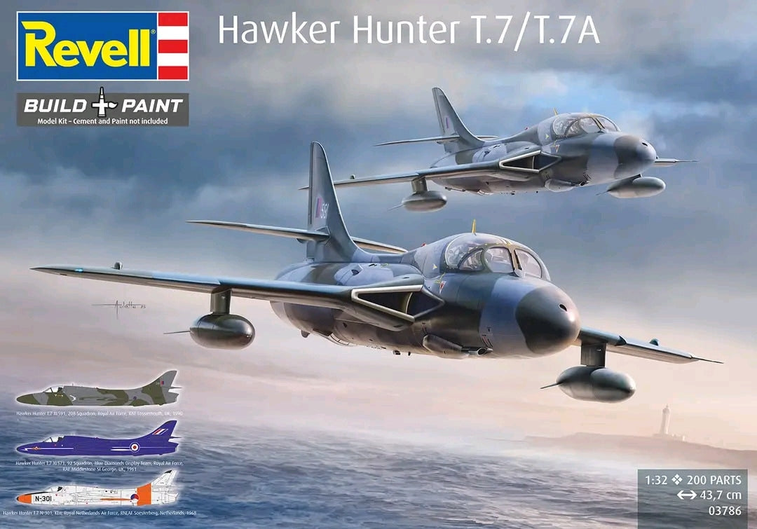 Portada de la caja de la maqueta del avión de entramiento inglés Hawker Hunter T.7 en escala 1:32 de Revell referencia 03786