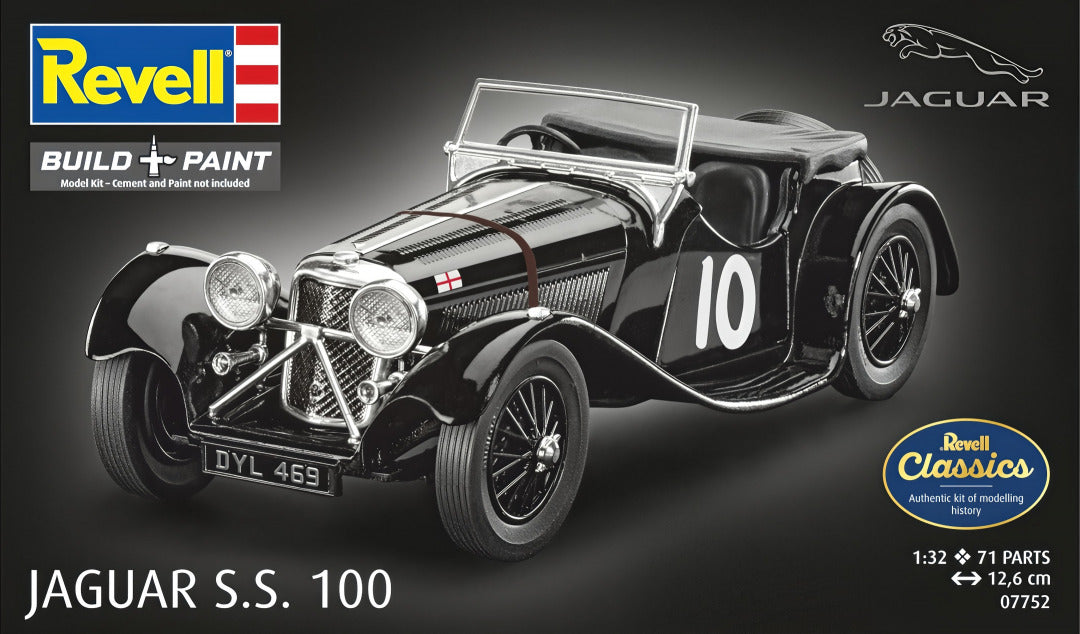 Portada de la caja de la maqueta del coche de carreras Jaguar SS.100 en escala 1:32 de Revell referencia 07752
