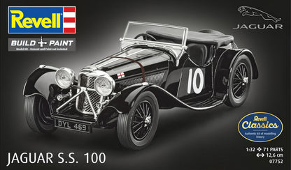 Portada de la caja de la maqueta del coche de carreras Jaguar SS.100 en escala 1:32 de Revell referencia 07752
