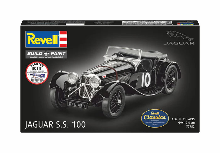Portada de la caja de la maqueta del coche de carreras Jaguar SS.100 en escala 1:32 de Revell referencia 77752