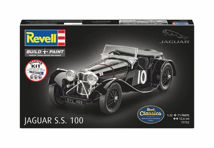 Portada de la caja de la maqueta del coche de carreras Jaguar SS.100 en escala 1:32 de Revell referencia 77752