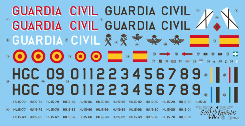 Detalle del set de calcas españolas para los helicópteros Bö-105 en escala 1:32 del fabricante Series Españolas referencia 3632